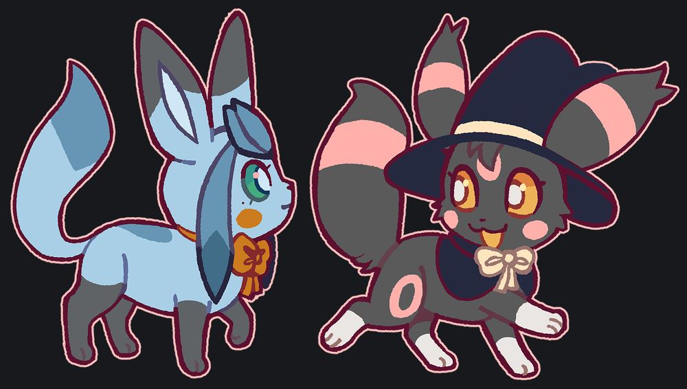 art of a chibi glaceon oc (ivy) and a chibi umbreon oc (circe) walking