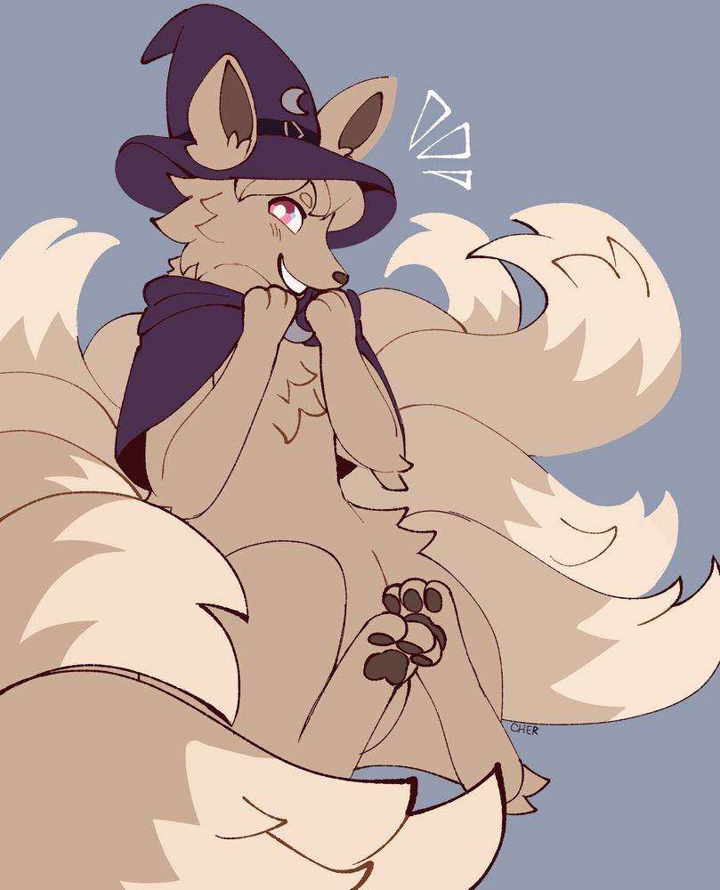 art of a ninetales oc wearing a witch hat and a cloak, sitting and grinning