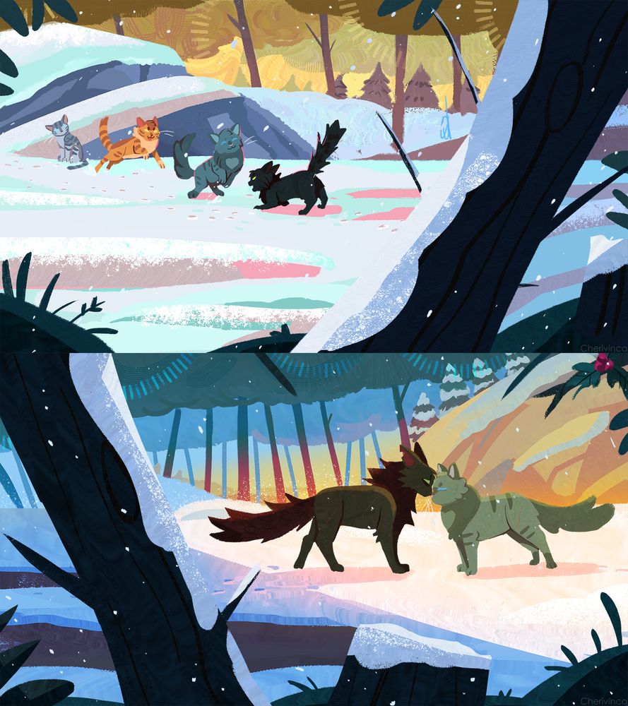 two paintings; one shows hollypaw, cinderpaw, lionpaw and jaypaw playing in the snow. the second is hollyleaf and cinderheart touching foreheads in a similar snowy environment.