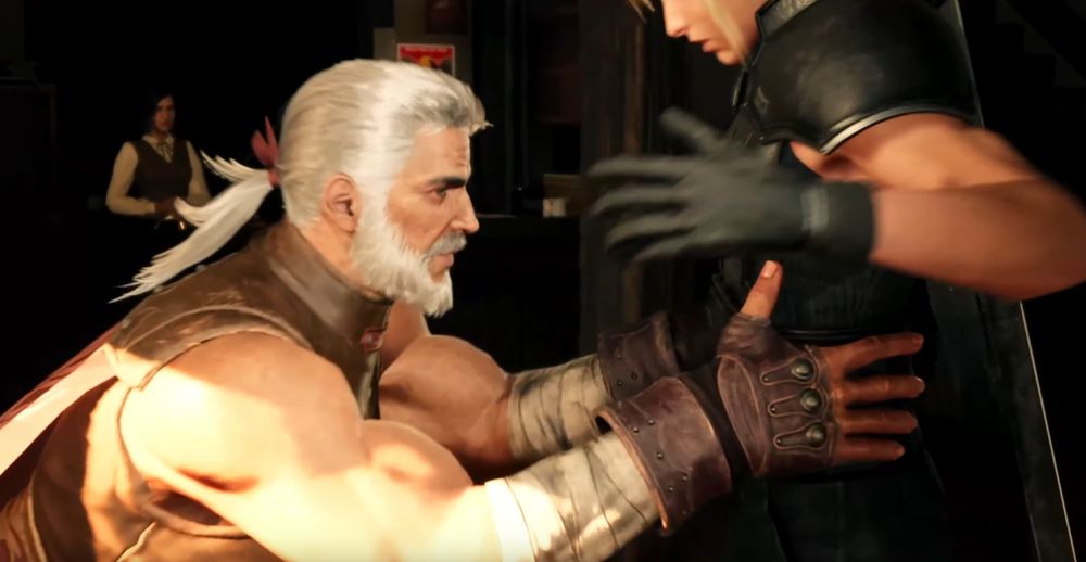 A screenshot from FFVII where Zangan is grabbing Cloud by the waist