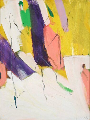 abstract painting in white, pink, yellow, purple and green pigment; large, pronounced brushstrokes in pink, purple, white, yellow and green in the upper left quadrant; streaky yellow brushstrokes in upper right quadrant; large white brushstrokes on bottom; grayish-blue squiggly lines overlap colored sections