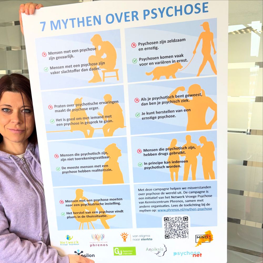 Foto van mij met lichtpaarse hoodie. Ik hou een groot bord vast met de tekst “7 mythen over psychose”. Daaronder blauwe tekstvakken met gele silhouetten. Die teksten zijn niet te lezen op de foto, daarom link in de tweet. 