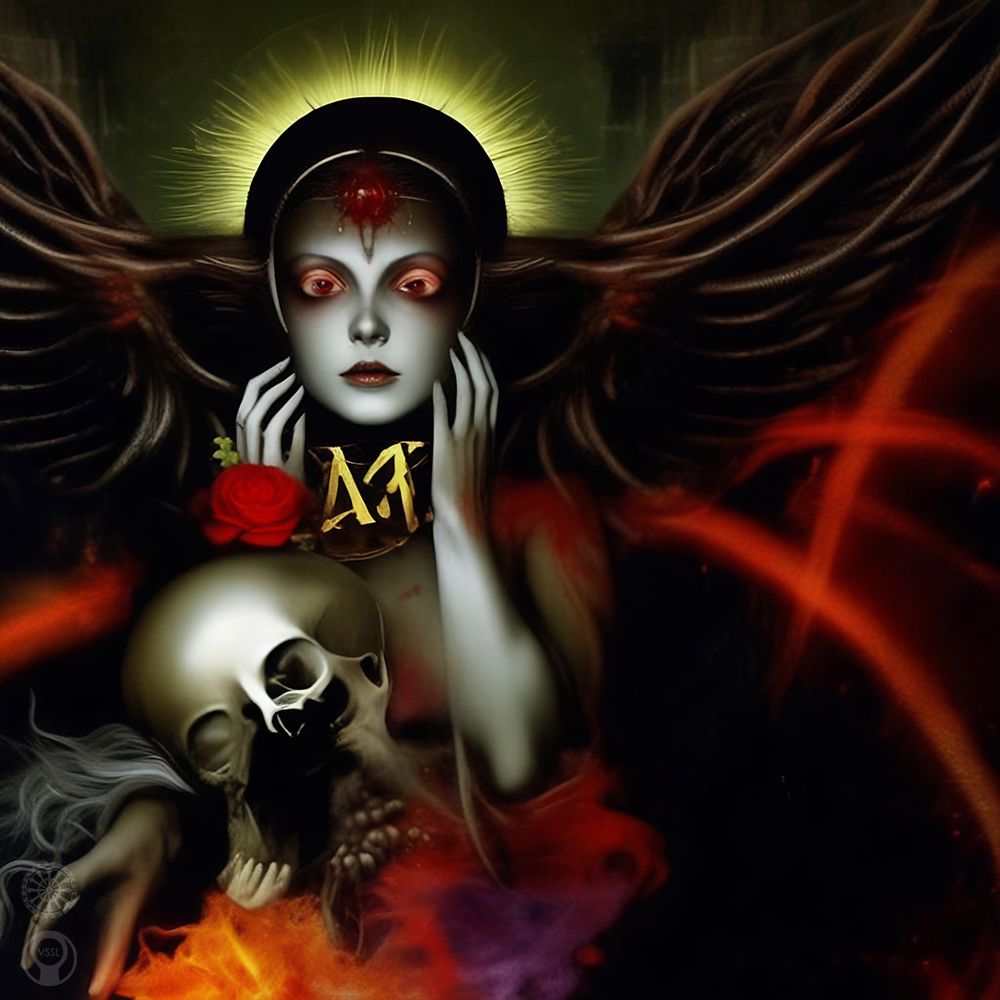 Iconography of the Goddess Cytherea with a red rose, opening skull, and various colorful energies.