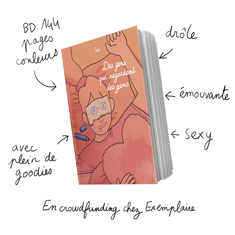 Couverture du livre : L'héroïne Lucile en train de dormir, avec sur la tête un papier avec des yeux grossièrement dessinés dessus.

Un texte autour indique qu'il s'agit d'une BD 144 pages couleurs, drôle, émouvante et sexy, précommandable avec plein de goodies sur le site d'Exemplaire