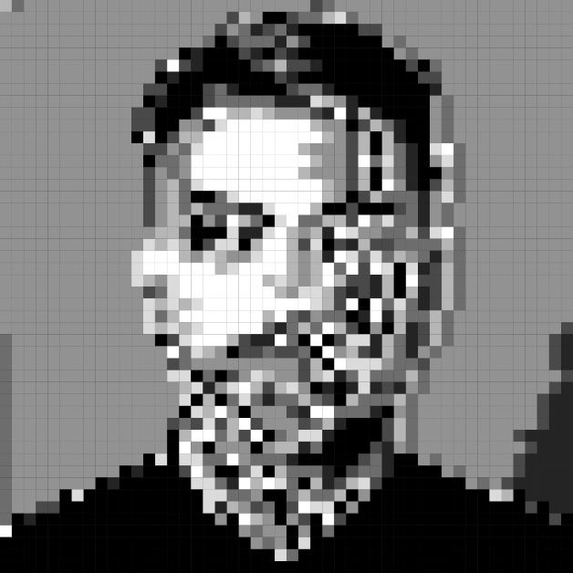 Low resolution black and white portrait image, glitched.