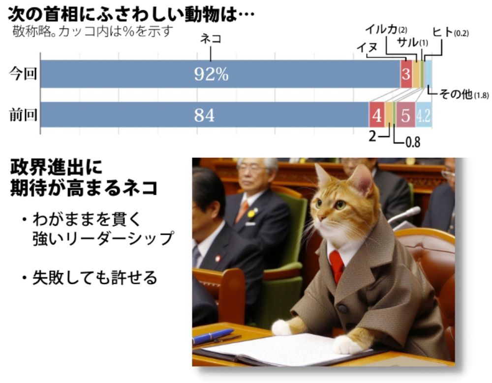 次の首相、１位は「ネコ」　９割超える支持　世論調査