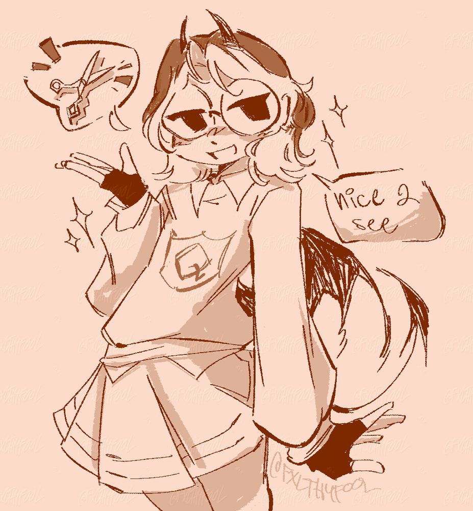 digital drawing of a demon character smiling with a brown layered bob and bleached bangs. one speech bubble has a pair of hair scissors and the other has text that reads "nice 2 see"