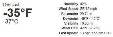 This is a screenshot of my current weather conditions. APPARENTLY.

It says it's -35°F or -37°C, with a wind chill of -61°F or -52°C.

This is a sure sign I am in another timeline. In my old one I wanted to open my windows a bit more for fresh air. Well, it's okay as long as things stop going sideways.