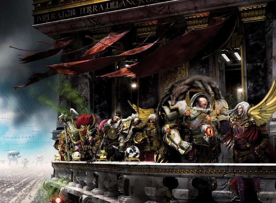 Warhammer 40k art of the Triumph at Ullanor, with many primarchs standing on a balcony overlooking the Imperial parade below.