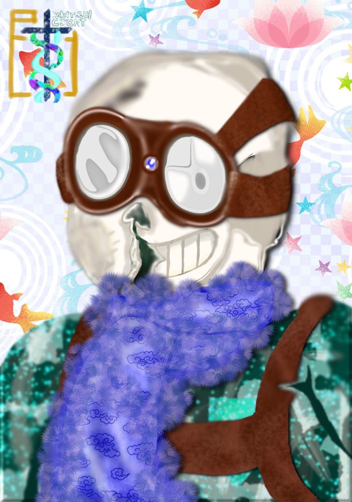 The image presents a whimsical character design that blends elements of fantasy and surrealism. The central figure features a skull-like head adorned with oversized, round goggles, which evoke a steampunk aesthetic. The goggles are detailed with a blue gem, adding a touch of color and intrigue. The character is wrapped in a fluffy purple scarf, embellished with cloud patterns, which contrasts with the skeletal features and adds a playful softness to the overall look.

The background is a vibrant tapestry of pastel colors and abstract shapes, including floral motifs and swirling patterns, creating a dreamlike atmosphere. This backdrop enhances the character's eccentricity and contributes to a sense of movement and fluidity. The use of bright colors, such as pinks, greens, and blues, alongside the playful arrangement of stars and fish, suggests a whimsical, almost childlike quality.

The artwork can be classified within the realm of contemporary digital art, drawing inspiration from various genres, including pop art and fantasy illustration. The combination of a macabre subject (the skull) with cheerful colors and patterns reflects a juxtaposition that is characteristic of modern artistic expressions, where themes of life and death are explored in a lighthearted manner.

Overall, the aesthetic is vibrant and eclectic, merging elements of fantasy with a playful, cartoonish style. This creates an engaging visual narrative that invites viewers to explore the character's personality and the imaginative world surrounding it. The use of digital techniques allows for intricate detailing and a polished finish, showcasing the artist's skill in blending traditional motifs with contemporary themes.