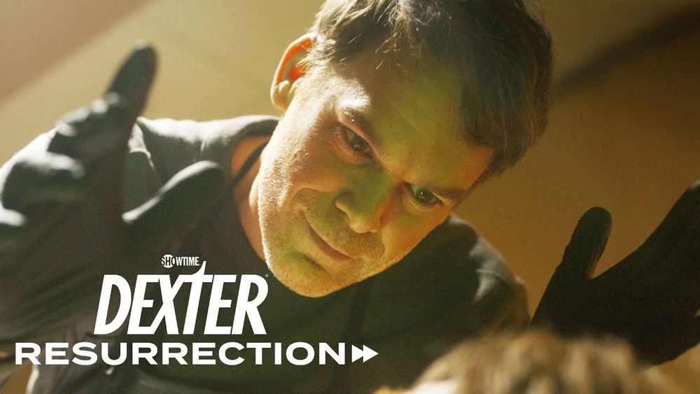 A man wearing black gloves hovering over a person. The words “showtime dexter resurrection” on the bottom left side.