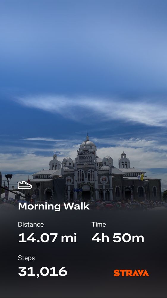 Photo of a church with strava walking stats over it