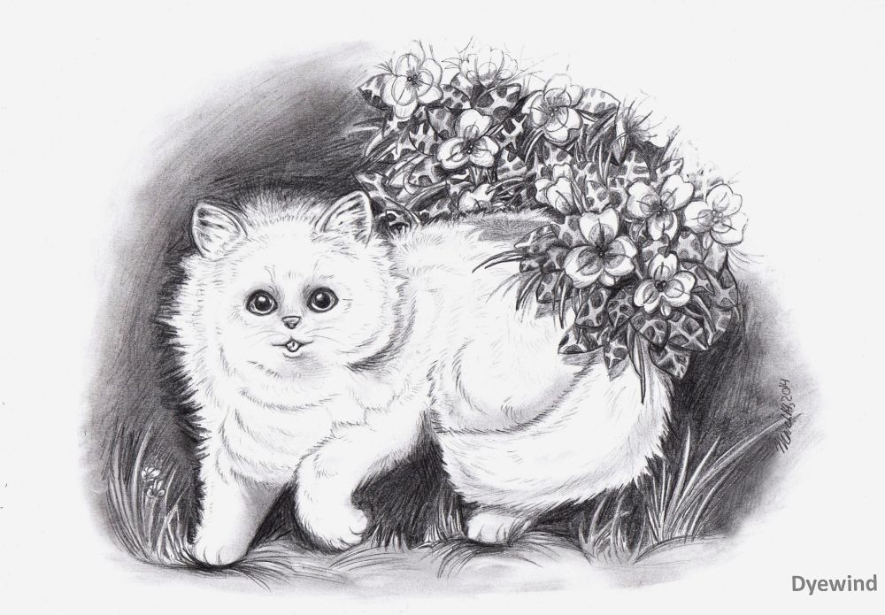 A drawing of a fluffy, white kitten in a garden.