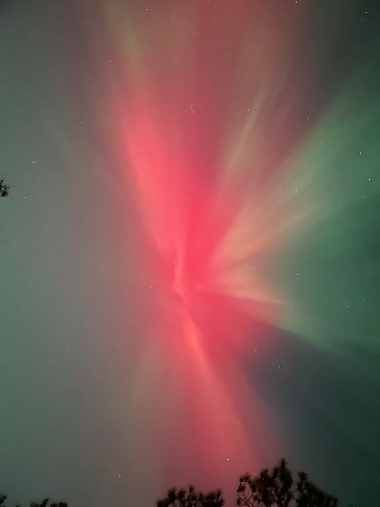 Extremely vibrant photo of the aurora. A bright red burst of aurora explodes through a pale green portion