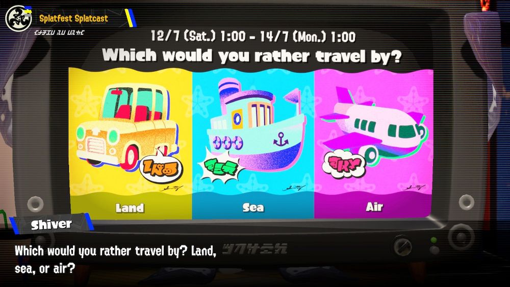 A screenshot of the Land vs Sea vs Air Splatfest announcement.
Shiver: "Which would you rather travel by? Land, sea, or air?"