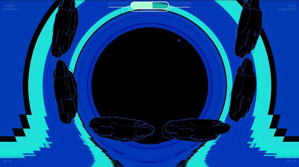 The image portrays shaders malfunctioning in a game. A black sphere in the middle of the screen with layered rings switching from blue to cyan and a black outline. The sphere is distorted towards the bottom as if some gravity was pulling at it. 6 rocks of which only their outline can be seen create a u which frame the black hole. On the top middle of the screen is a health bar which is not affected by the shader error.
