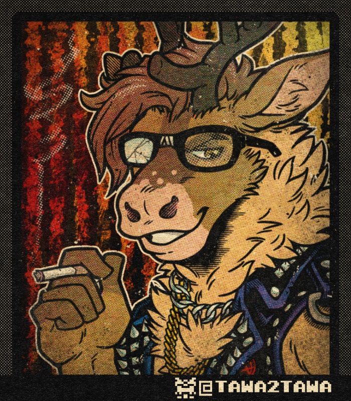 Raiz, a caribou wearing a leather jacket and smoking a cigarette looking like a cool badboy