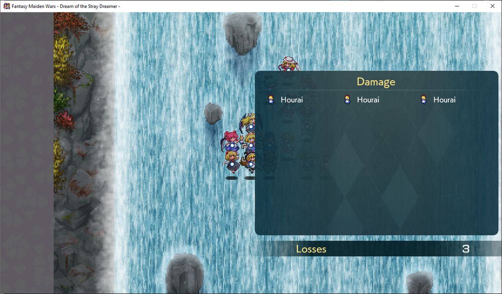 The casualty list for a stage in Fantasy Maiden Wars, showing three Hourai dolls lost and nobody else.