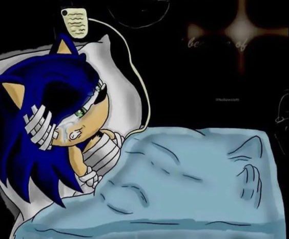meme/reaction pic of sonic the hedgehog injured in a hospital bed suffering