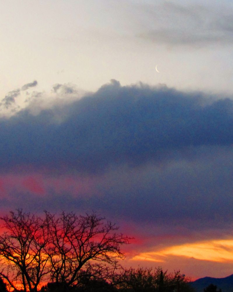 I had some early color low on the horizon under this cloud and the crescent moon above...