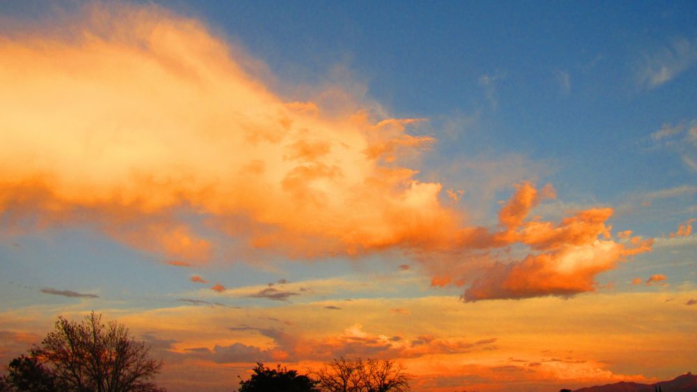 I had color down low on the horizon as well as on this cloud that resembled a charging bull snorting out clouds of cotton candy clouds catching color against blue sky. 