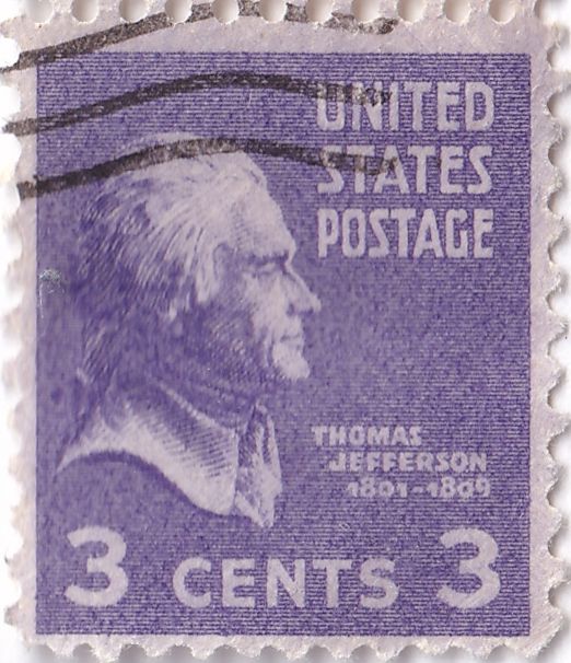 This is a US postage stamp from 1901 featuring Thomas Jefferson printed in purple ink. His portrait is on the left, looking to the viewer's right, and an inscription below it reads "THOMAS JEFFERSON 1801-1809." The stamp has the words "UNITED STATES POSTAGE" printed in purple above his portrait. At the bottom of the stamp, centered and in a larger font, is "3 CENTS 3."