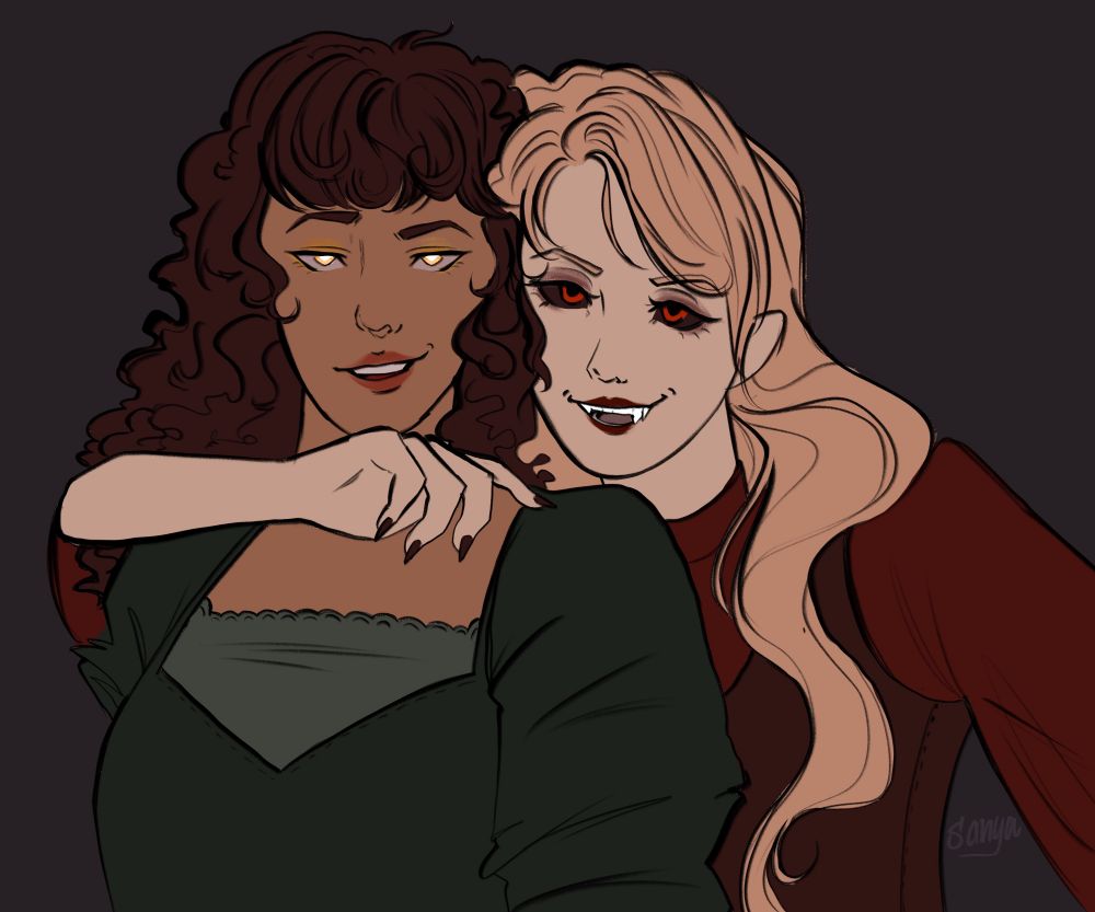 The same women from the previous drawing, but now the brunette's eyes are glowing yellow and the blonde's irises have turned red to constrast the black sclera. 