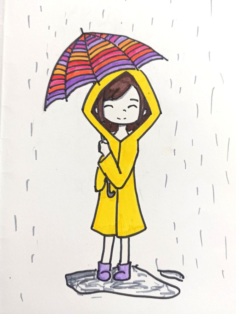A childhood drawing of a girl in yellow raincoat and with red-purple umbrella 