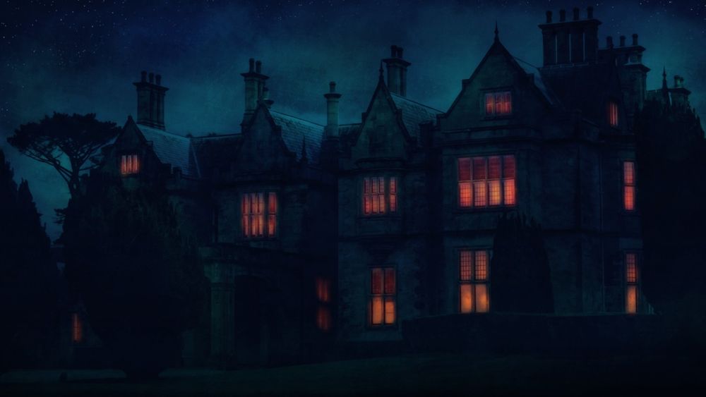 A gloomy mansion exterior in the evening, with faint reddish light shining from the windows.