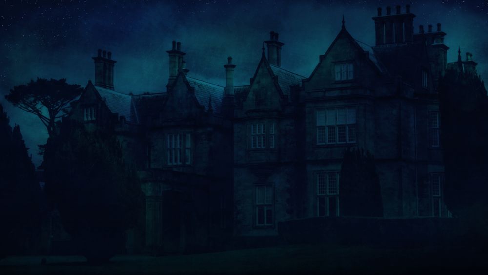 A gloomy mansion exterior in the middle of the night, with dark silhouettes of trees and bushes in front of it.