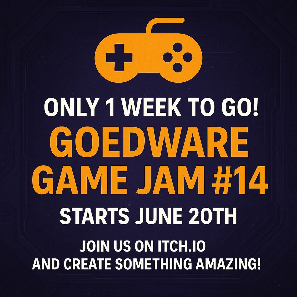 Only 1 week to go! GoedWare Game Jam #14 starts June 20th. Join us now on itch.io and create something amazing!