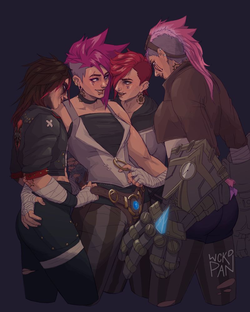 A digital fanart of various versions of Vi.
From left to right, Pitfighter Arcane Vi is smiling as she pulls a strap tighter on a hexstrap.
2XKO Vi is mischievously smiling  and wearing said Hexstrap, while looking at Arcane Season 1 Vi and holding Pitfighter Vi's hips with one hand while the other reaches for League of Legends Vi.
Season 1 Vi is returning the look and smile while unzipping 2XKO Vi's vest, revealing a dark sleeveless top, one more layer before her skin.
League Vi is facing them, also smiling. She's wearing her gauntlets, one is reaching in-between 2XKO Vi's legs, right under the Hexstrap.
A detail we can see behind 2XKO Vi is Pitfighter and Season 1 Vis exchanging a bottle of what looks like whiskey. A true welcome party to 2XKO Vi.