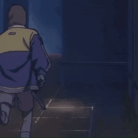 a cartoon character is running down a hallway with a gun