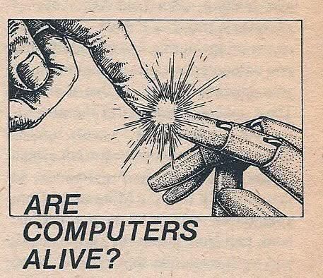 A human hand and robot hand touching index fingers with a spark where they touch.  Text reads: ARE COMPUTERS ALIVE?