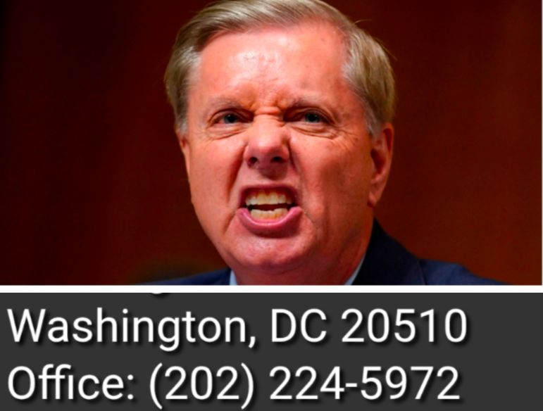 Photo of Lindsey Graham his face is evil & wrinkled his mouth is open and he appears to be a disgusting disgrace 