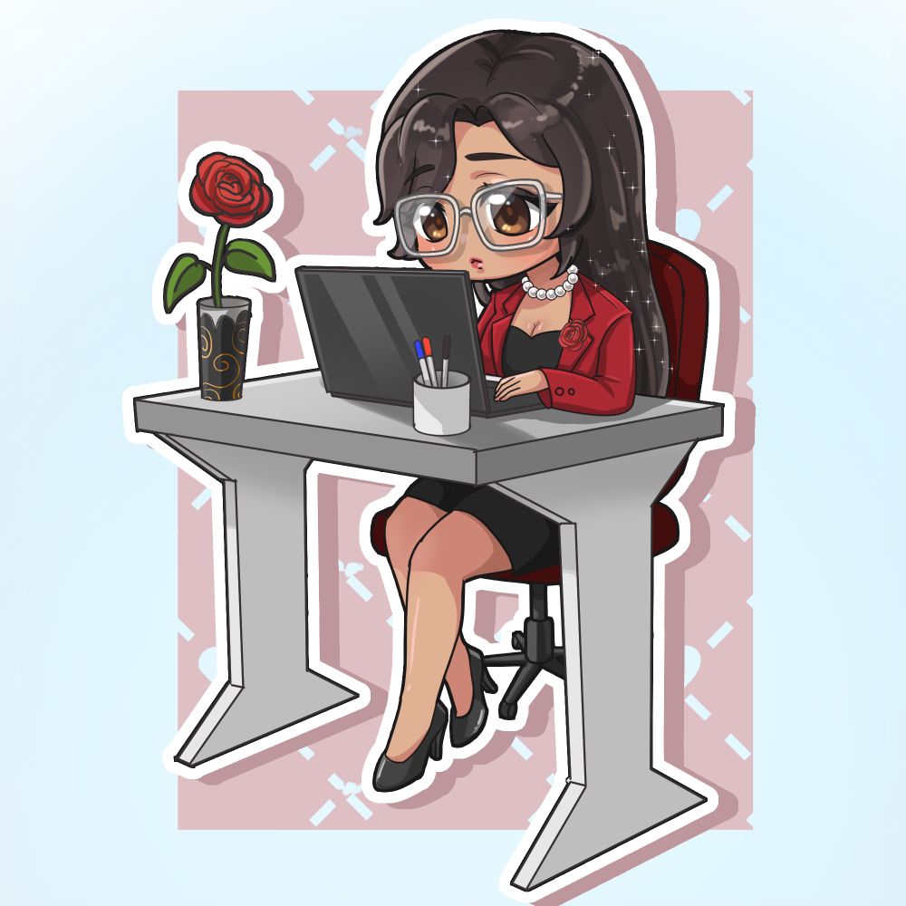 Plum sitting at a grey desk staring intently at a laptop screen while working. A vase with a rose and a cup with pens sit on the desk. 