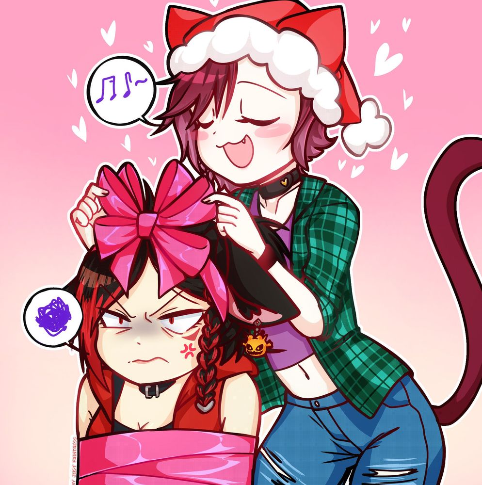 Synli singing and wearing a Santa Hat as she wraps a very frustrated looking Hiyori up in ribbons and ties a bow on top of her head