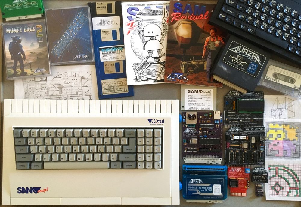 A mix of computers, development doodles, hardware, software and magazines I've produced