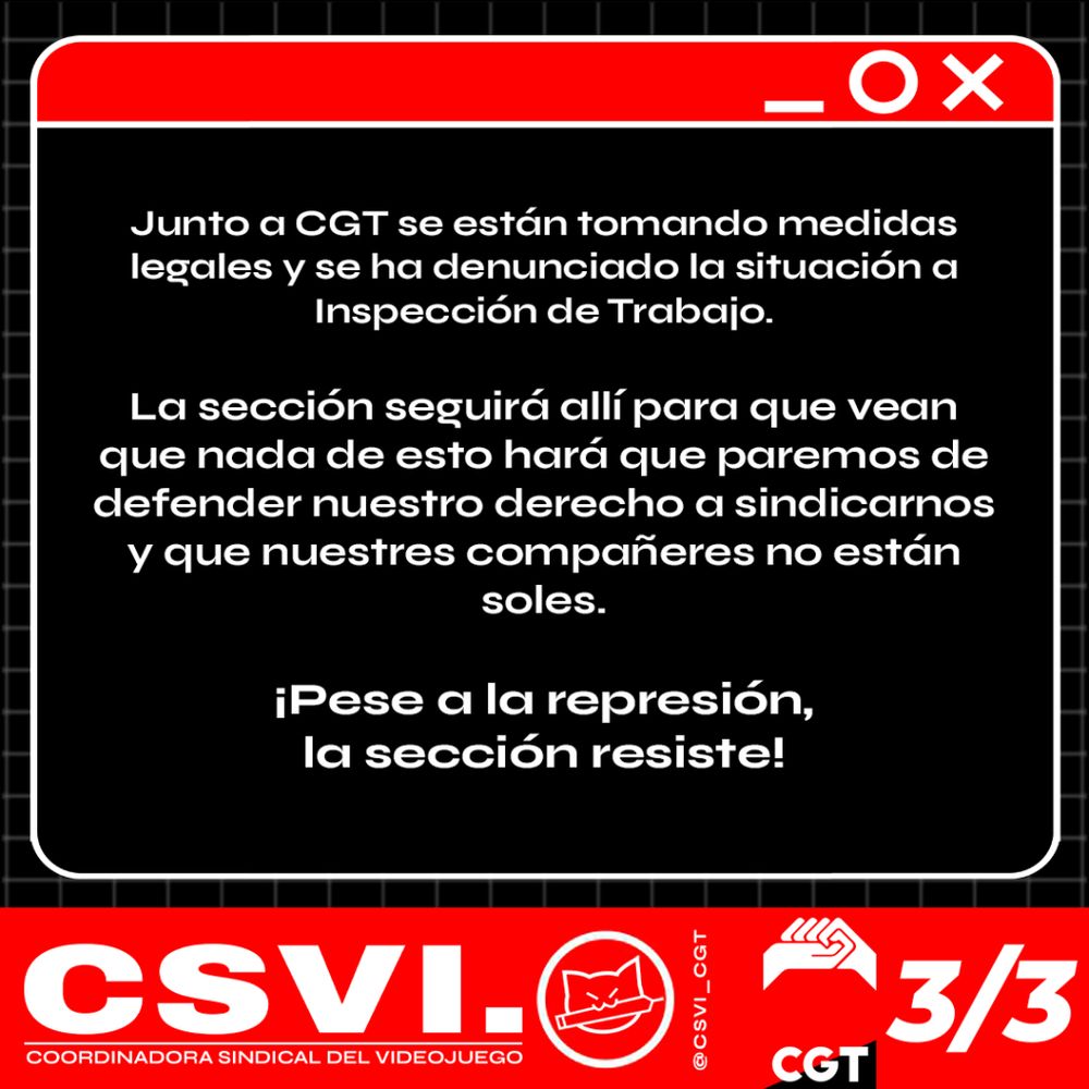 Junto a CGT se están tomando medidas legales y se ha denunciado la situación a Inspección de Trabajo. La sección seguirá allí para que vean que nada de esto hará que paremos de defender nuestro derecho a sindicarnos y que nuestres compañeres no están soles. ¡Pese a la represión, la sección resiste!