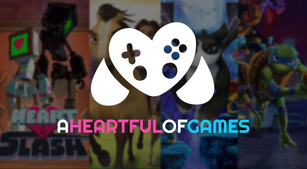 Logo de aheartfulofgames con  key art de algunos de sus juegos, como heart & slash, y juegos licenciados de Spirit, Cómo entrenar a tu dragón, y las tortugas ninja.