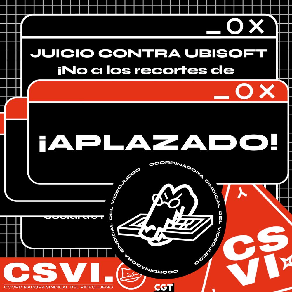 ALT: Ventana emergente encima del post original sobre el juicio contra ubisoft, en el que se lee ¡APLAZADO!