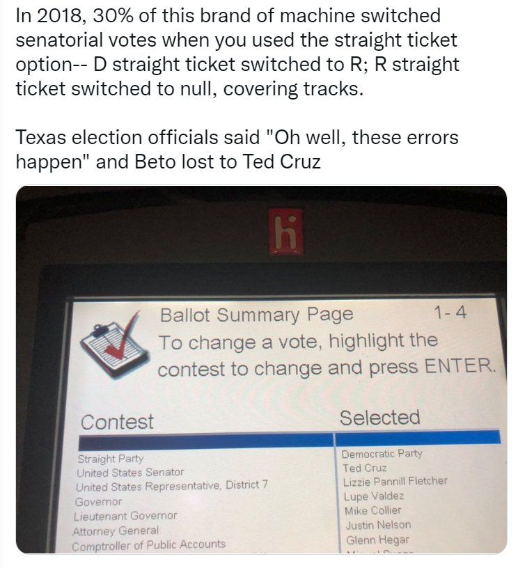 Photo of straight-ticket Democratic vote on an electronic voting machine in Texas, except the Senatorial vote has been switched to Ted Cruz.

"In 2018, 30% of this brand of machine switched senatorial votes when you used the straight ticket option-- D straight ticket switched to R; R straight ticket switched to null, covering tracks.

"Texas election officials said "Oh well, these errors happen" and Beto lost to Ted Cruz"