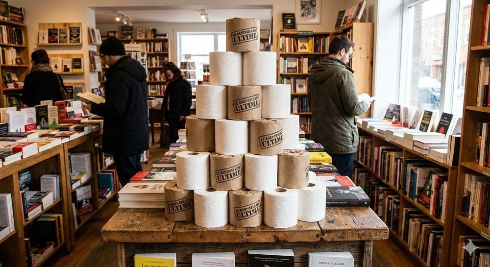 pile de rouleaux de papier toilette posée sur une table en librairie.