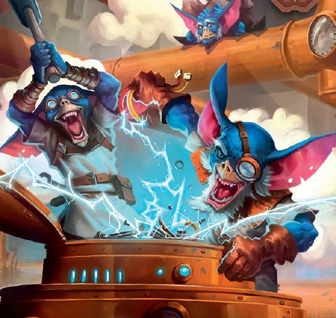 Some wild looking Gremlins breaking a machine of some sort. They are laughing and having a blast like it is ohhh soooo fun. The gremlins are mostly blue with bright pink inside ears. One has a eyeglass eye patch kind of thing and a white beard, the other has goggles and is holding a hammer of its head. 