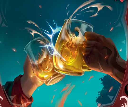 Two hands cheering glass mugs with the Bravos faction symbol on them, a golden liquid sloshing in the mugs as they hit glasses. 