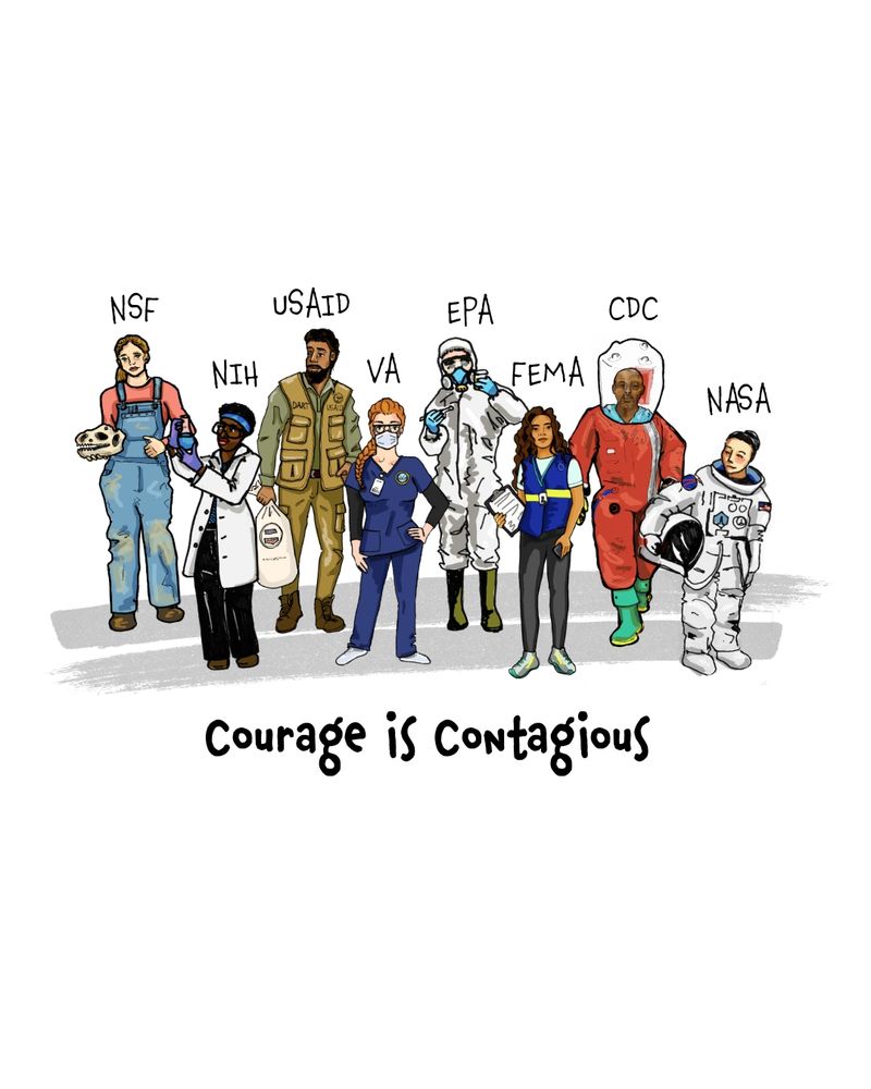 A Courage is Contagious drawing of federal workers who have signed declarations of dissent to the current administration. They are all wearing the attire they would adorn to do their jobs. 