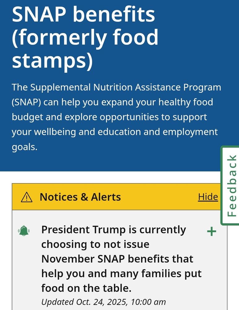Screenshot of the Massachusetts SNAP benefits page, blaming Trump for cancellation of benefits