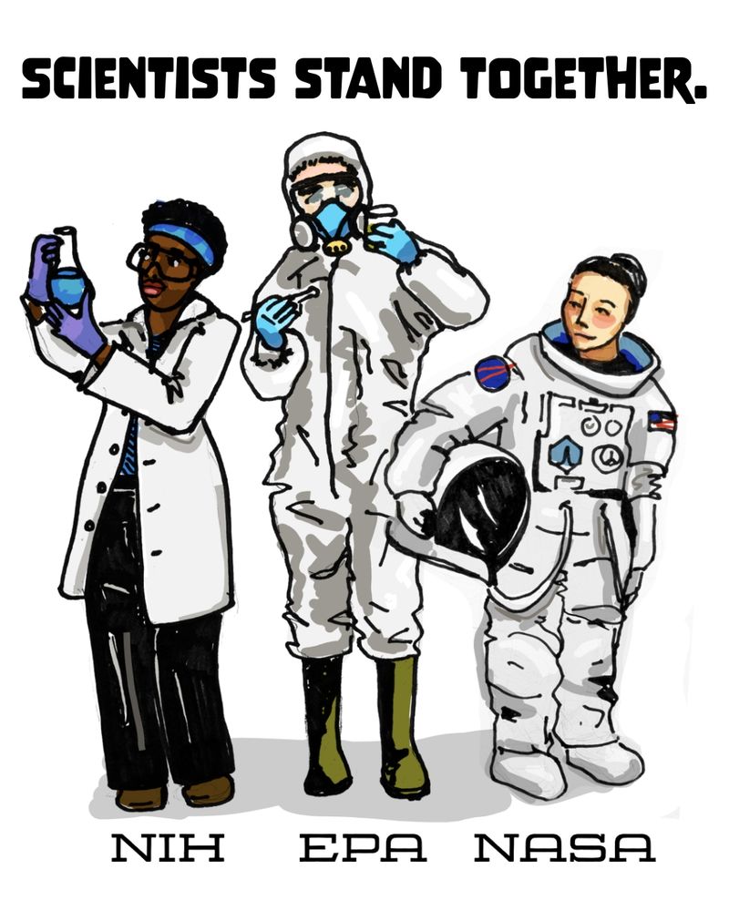 Drawing of three scientists - from the NIH, EPA and NASA - standing together 