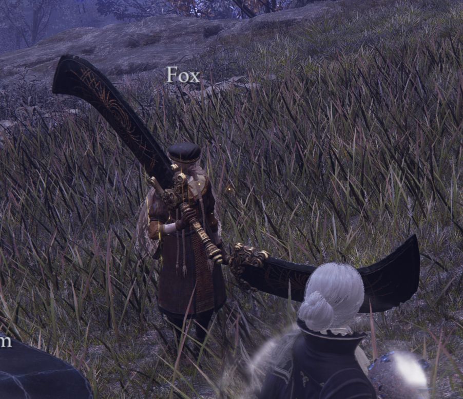 A short Elden Ring Nightreign character wielding two black curved swords that look to be about the same size as her.