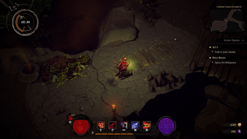 A screenshot of Hell Clock. An overhead view of the main character exploring a poison-filled area with a UI reminiscent of action RPGs like Diablo. There is a row of abilities in between a health and mana orb.